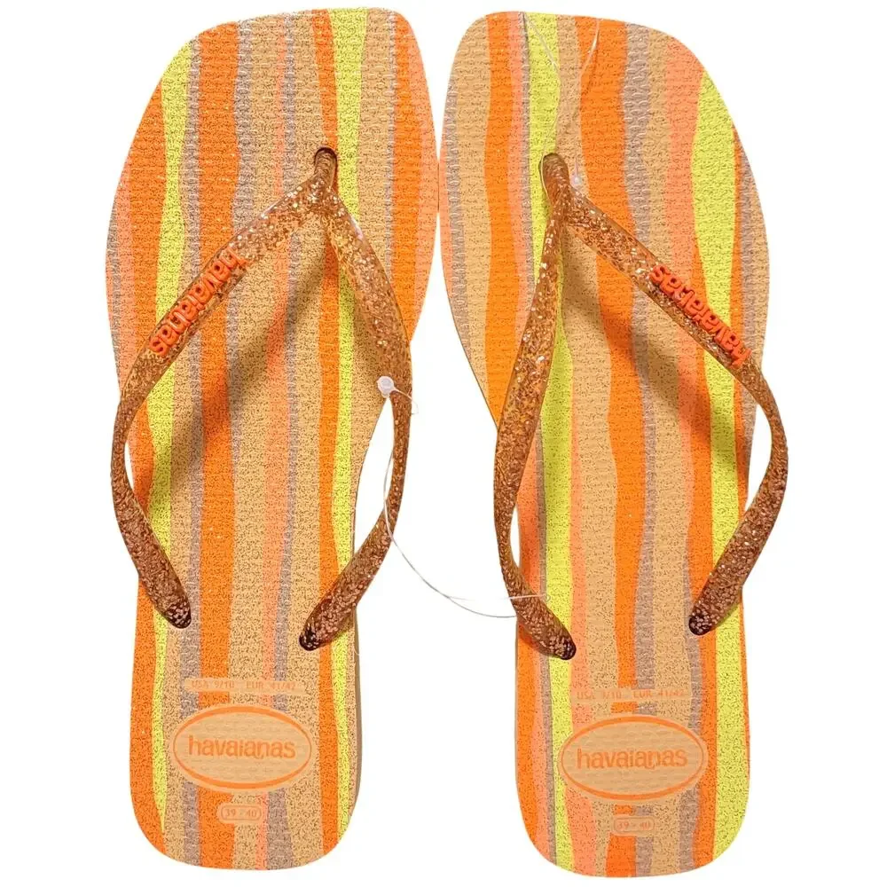 Havaianas Women Slim Square Toe Folia Flip Flops Size US 9 Peach Orange Glitter